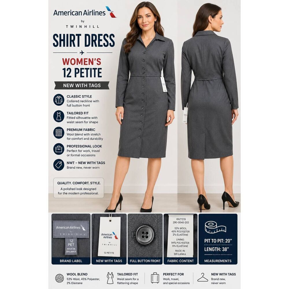 NWT American Airlines TwinHill Shirt Dress Womens 12 Petite Gray Long Sleeve